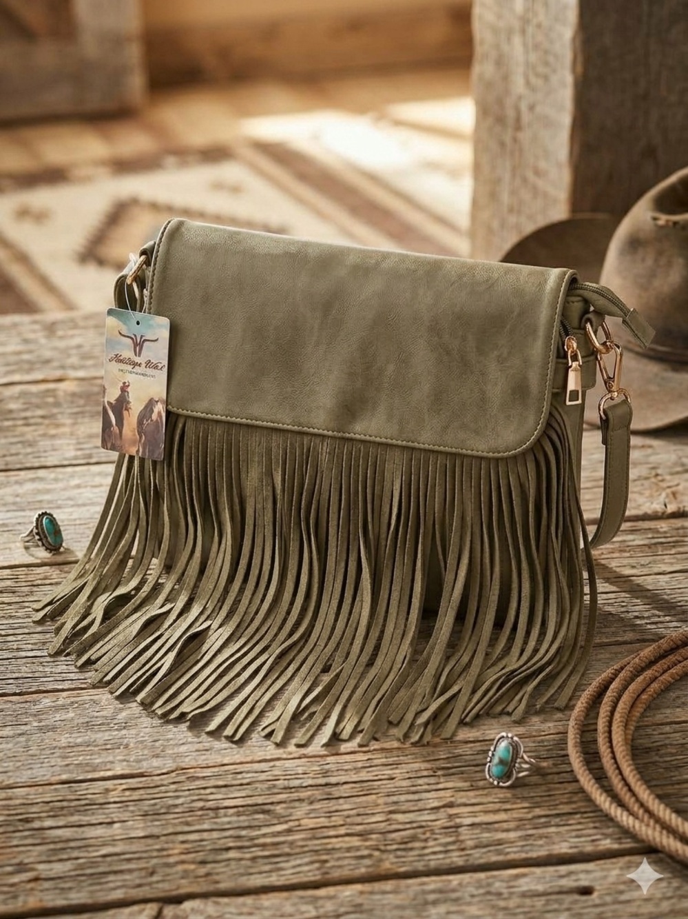 Heritage West Western Handbag with Fringe in Olive Green
